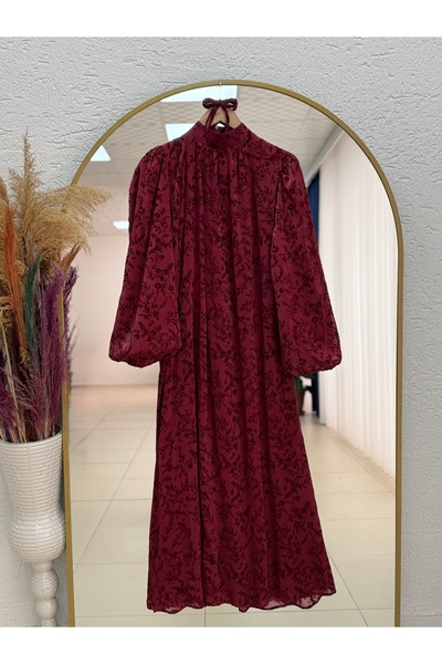 MİHRA STORE Leman Balloon Sleeve Patterned Organized Dress-Ek763 Burgundy