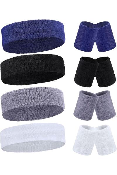 Arabest طقم عصابة رأس رياضية مكون من 4 قطع، عصابة رأس رياضية مخططة للتنس، عصا...