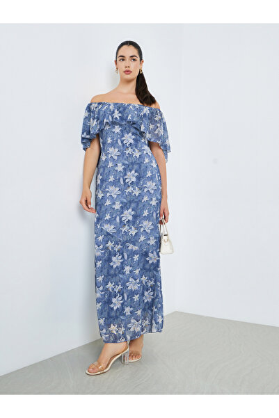 Styli Women Blue Floral Cape Sleeve Sheath Maxi Dress