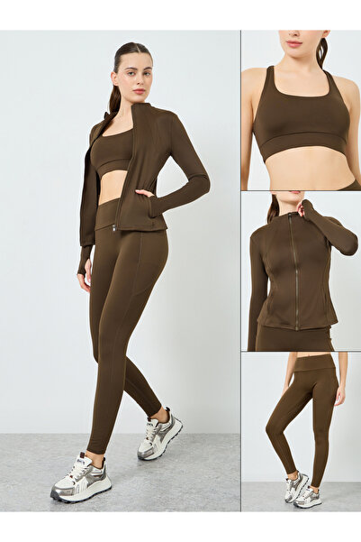 Styli Pack of 3 - Low Back Sports Bra and Zip-Up Jacket with Leggings