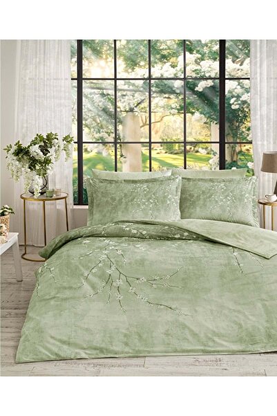 Özdilek Ranforce -White Sakura Green- Double Duvet Cover Set with Elastic Sheets