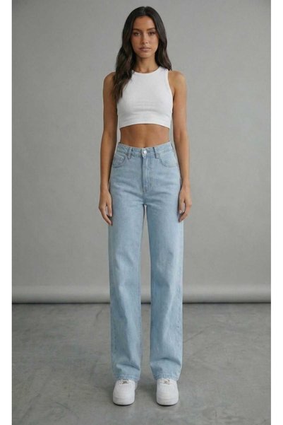 NWC Light Snow Wash Blue Stretch Fabric Super High Waist Women's Loose Leg Denim Palazzo Pants