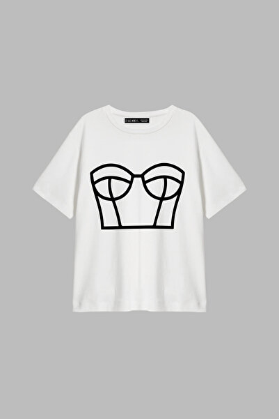 CİNEMA MODA Bikini Lines Printed Relaxed Fit White Women's Tshirt