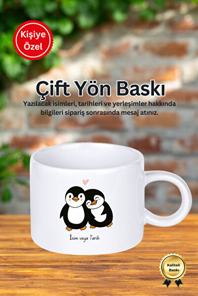 Kişiye Özel Aşık Penguenler Tasarımlı Motto Fincan