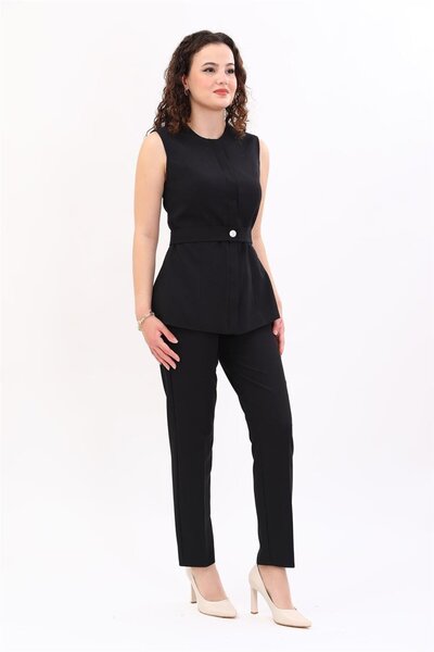 ÖNDER ÖZSOY Sıfır Yaka Gizli Düğmeli Kemerli Yelek & Lastikli Dar Paça Pantol...