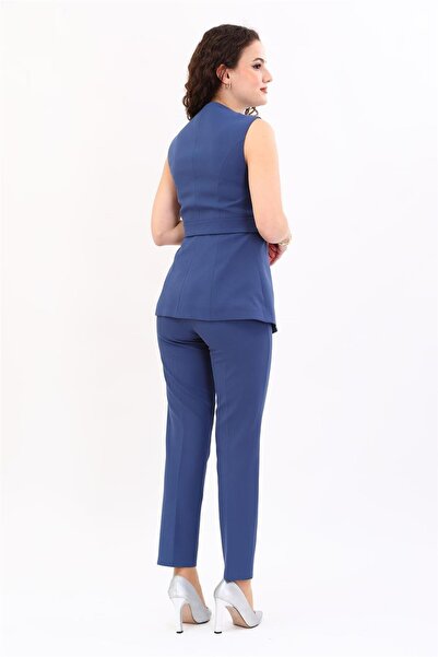 ÖNDER ÖZSOY Zero Collar Hidden Button Belted Vest & Elastic Tight Leg Pants W...