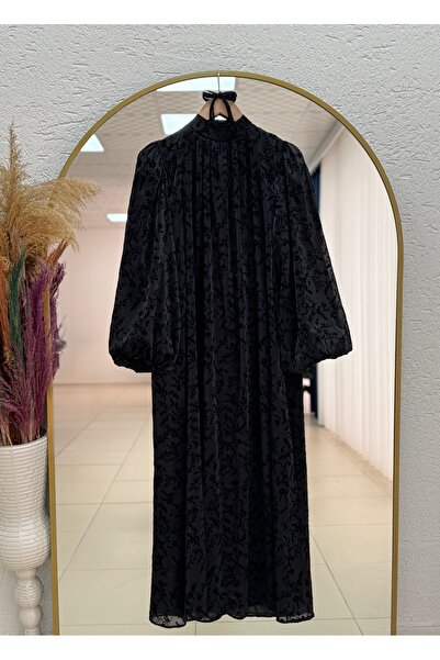 MİHRA STORE Leman Balloon Sleeve Patterned Organized Dress-Ek763 Black