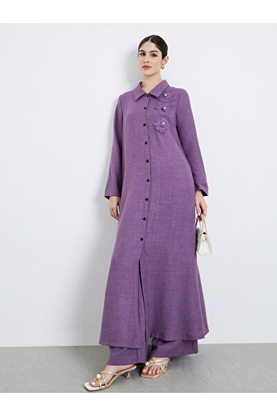 Styli Women Corsage Detail Maxi Shirt and Pants Modest Set