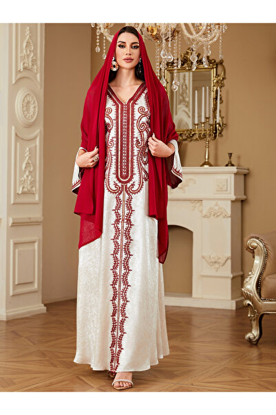 Take Two By Styli Women Embroidered V Neck Jalabiya with Hijab