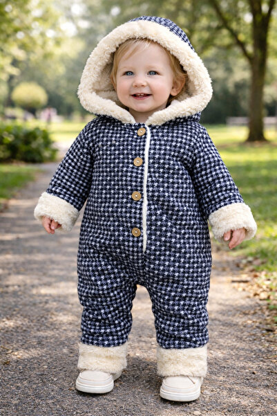 Chicsy Baby Kışlık tatlı İçi Kürklü, Kapüşonlu, Düğmeli, Kışlık Bebek Tulum