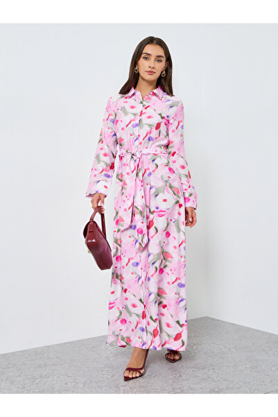 Styli Women Pink Floral Long Sleeves Shirt Maxi Dress