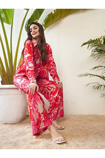 Sassafras By Styli Oversized Floral Print Shirt and Flap Pocket Wide Leg Pant...