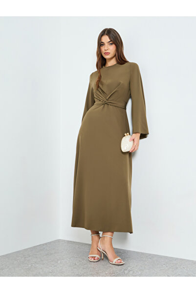 Styli Women Khaki Twisted Front A-Line Midi Dress