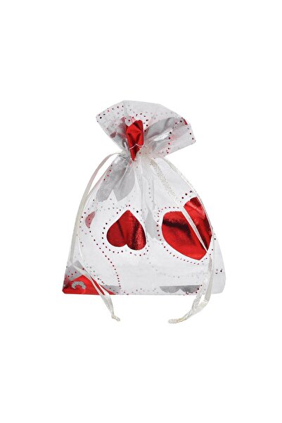 OEM White Organza Bag with Red Foil Hearts 13x10cm