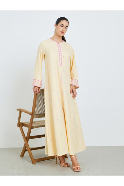 Styli Women Yellow Embroidered A-Line Jalabiya