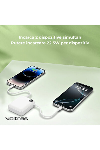 Voltres Baterie externa 10000mAh, 22.5W, Cablu USB-C 15cm inclus, Port USB-C, Port USB-A, Acumulator Extern