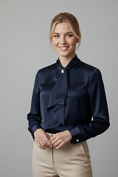 Pure Silk Atelier %100 Saf İpek Düğme Detaylı Fular Yakalı Gömlek Bluz - Lüks...