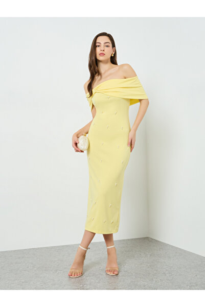Take Two By Styli Women Yellow Faux Pearl Embellished Off Shoulder Maxi Dress
