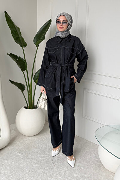 Tesettür Diyarı طقم بوفون من الدنيم يتكون من سترة وبنطلون - أزرق داكن