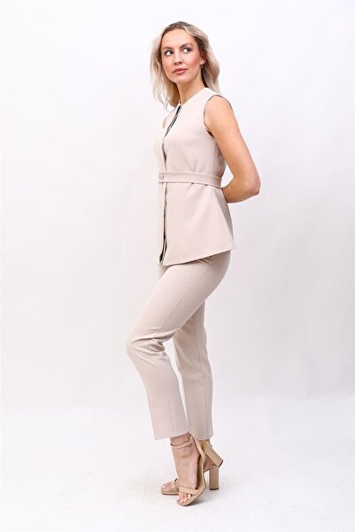 ÖNDER ÖZSOY Zero Collar Hidden Button Belted Vest & Elastic Tight Leg Pants W...