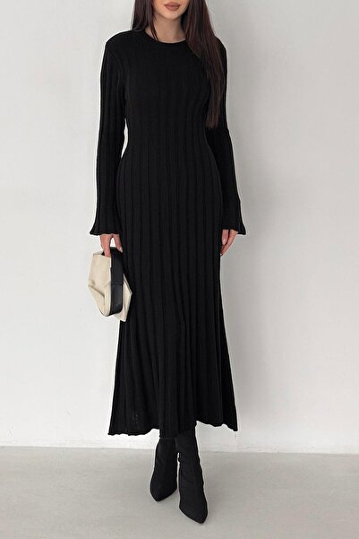 Mine Tan Butik Long Sleeve Knitwear Crew Neck Women's Dress - Black