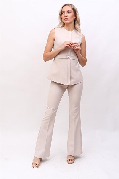 ÖNDER ÖZSOY O-Neck Hidden Button Belted Vest & Elastic Flared Pants Women's S...