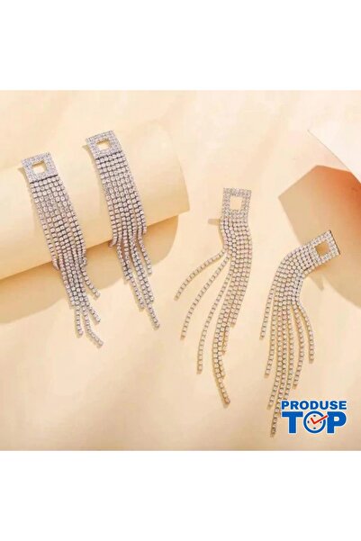 Produse.Top Elegant Long Golden Earrings with Fringes and Rhinestones CW50