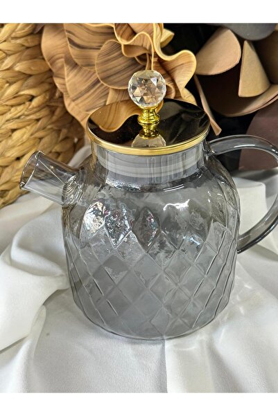 MD MİMOZA DEKOR Borasilicate Glass Teapot / with Handle / Smoked / ± 1.5 L
