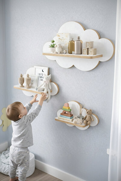 Buggi Kids Montessori 3’lü Bulut Raf Seti Çocuk Odası Dekoratif Duvar Rafı Be...