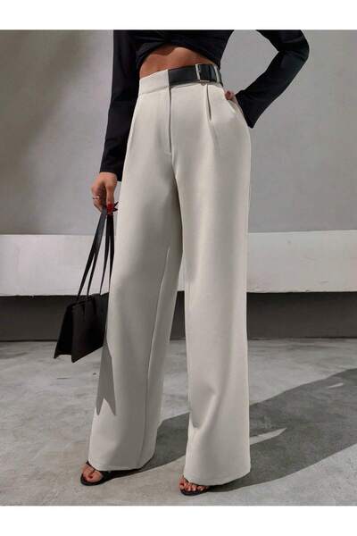 DUUE FASHİON Γυναικείο υφασμάτινο παντελόνι παλάτσο με μισή ζώνη και φαρδιά μ...