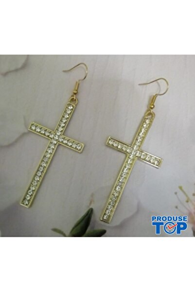 Produse.Top Cercei eleganți mici cu cruce, aurii, cu pietre CW46