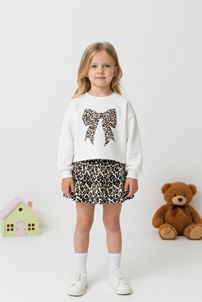 Kübra Tekstil Girls' Leopard Print Skirt and Bowknot Sweatshirt Set – Stylish...