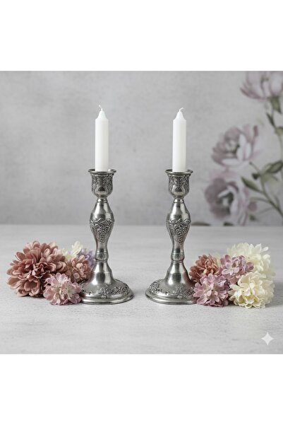 ESKİ YENİ ANTİK Antika Tarz Metal Üzüm & Asma Motifli Çift Şamdan – El İşçili...