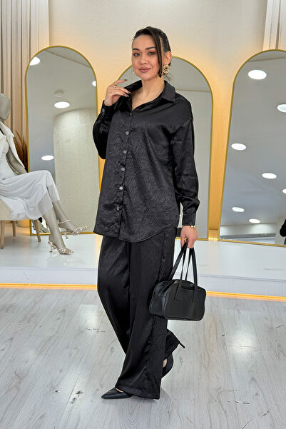 zks grup tekstil Women's Satin Patterned Oversized Shirt Trousers Double Set ...