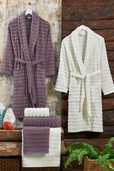 Elart Soft Bathrobe Family Set 6 Pieces (70X135 cm) Plum - Cream