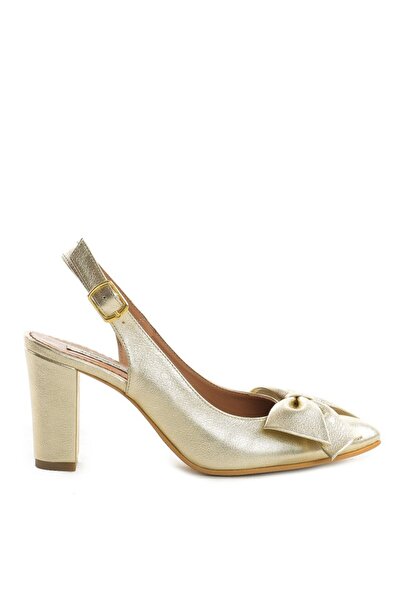 The 5th Element Women's genuine leather shoes Gold with bow Block Heels