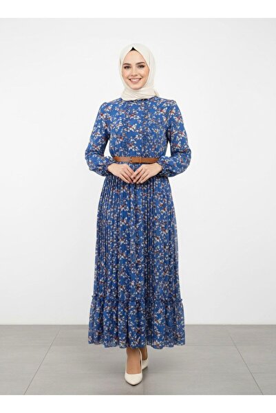 Store Çiçek Desenli Uzun Şifon Tesettürlü Elbise