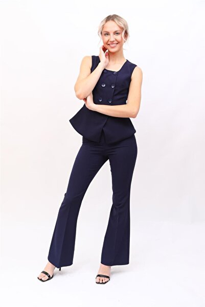 ÖNDER ÖZSOY بدلة نسائية بياقة بيضاوية وأزرار بأزرار على الجهتين وبنطلون مطاطي...