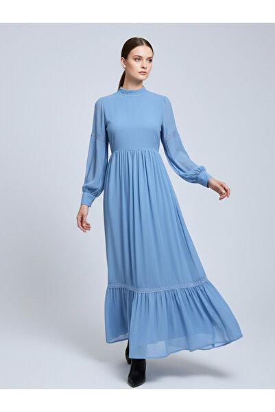 HOUSE OF RAELI By Styli Women Blue Cuffed Long Sleeve Ruffled Maxi Dress