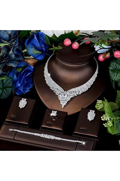 VİYA Clavel Zirkon Taşlı Takı Seti Kolye Küpe Bileklik Yüzük Set Düğün Nişan ...