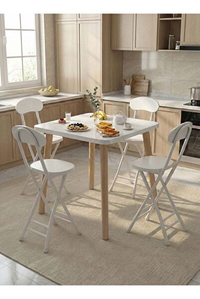 Taimi 5-Piece Dining Set: Square Wood Table 80x80x72cm with 4 Folding Metal C...