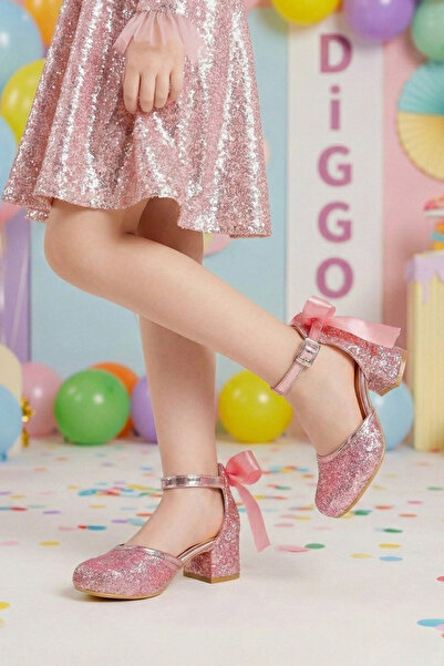 DİGGO KİDS Розови блестящи обувки с панделка за момичета, вечерни обувки