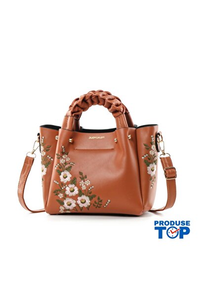 FLORINA Elegant Bag with Braided Handle Brown with Embroidered Flowers