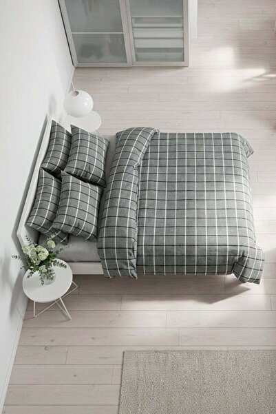 DEMOTEKS Double bed linen set, satin cotton, 2 people, black white gray check...