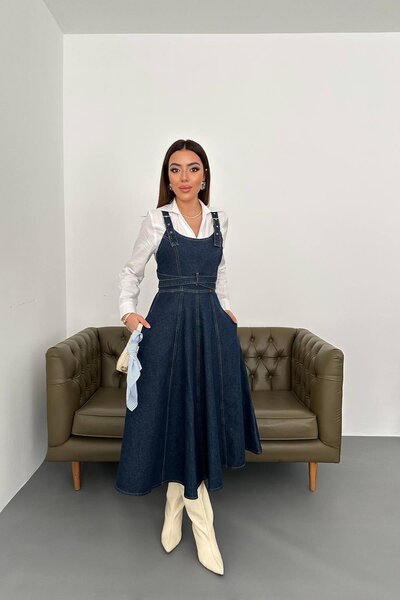 LOKADI Kadın Midi Boy Bantlı Kot Elbise