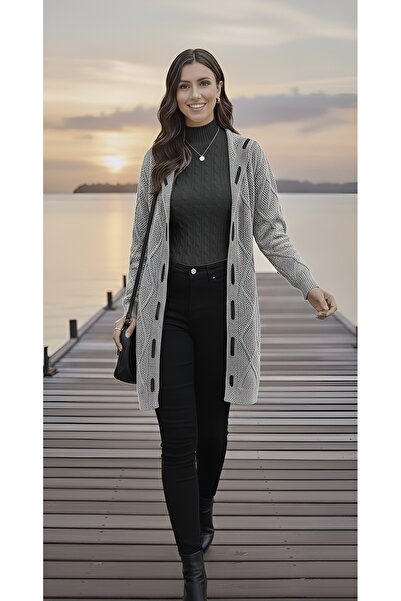 TRQOM Women's Gray Jacket Cardigan Long Sleeve Embossed Patterned Hooded Stri...