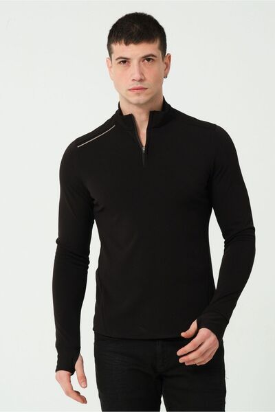 KNUP Erkek Siyah Slimfit Sweatshirt- Yarım Fermuarlı