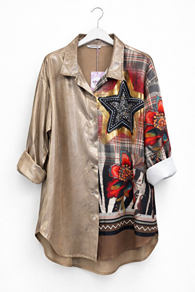 günay boutıque Gold Patterned Oversized Shirt-Brown