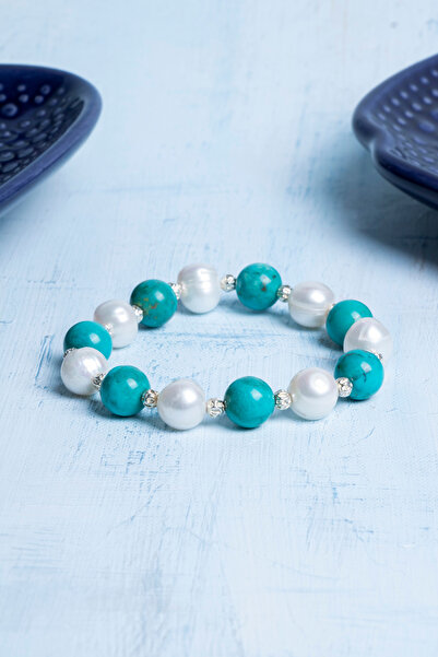 Deniz Doğal Taş Certified Turquoise - Pearl (10mm) Natural Stone Bracelet