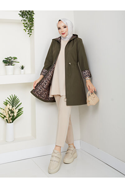 MEHDENEFE Leopard Print Inside Detail K Hooded Elastic Waist Trench Coat Mde9...